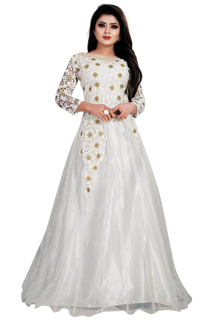 Stylish White Net Semi-Stitched Ethnic Gown