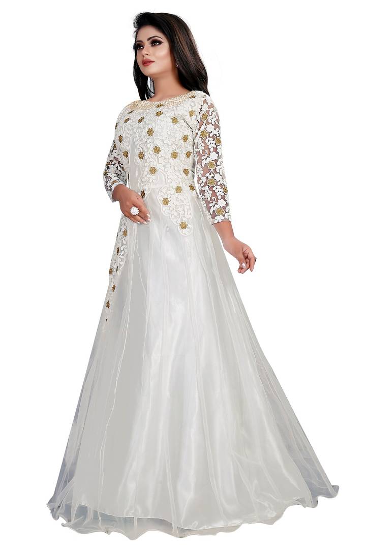 Stylish White Net Semi-Stitched Ethnic Gown