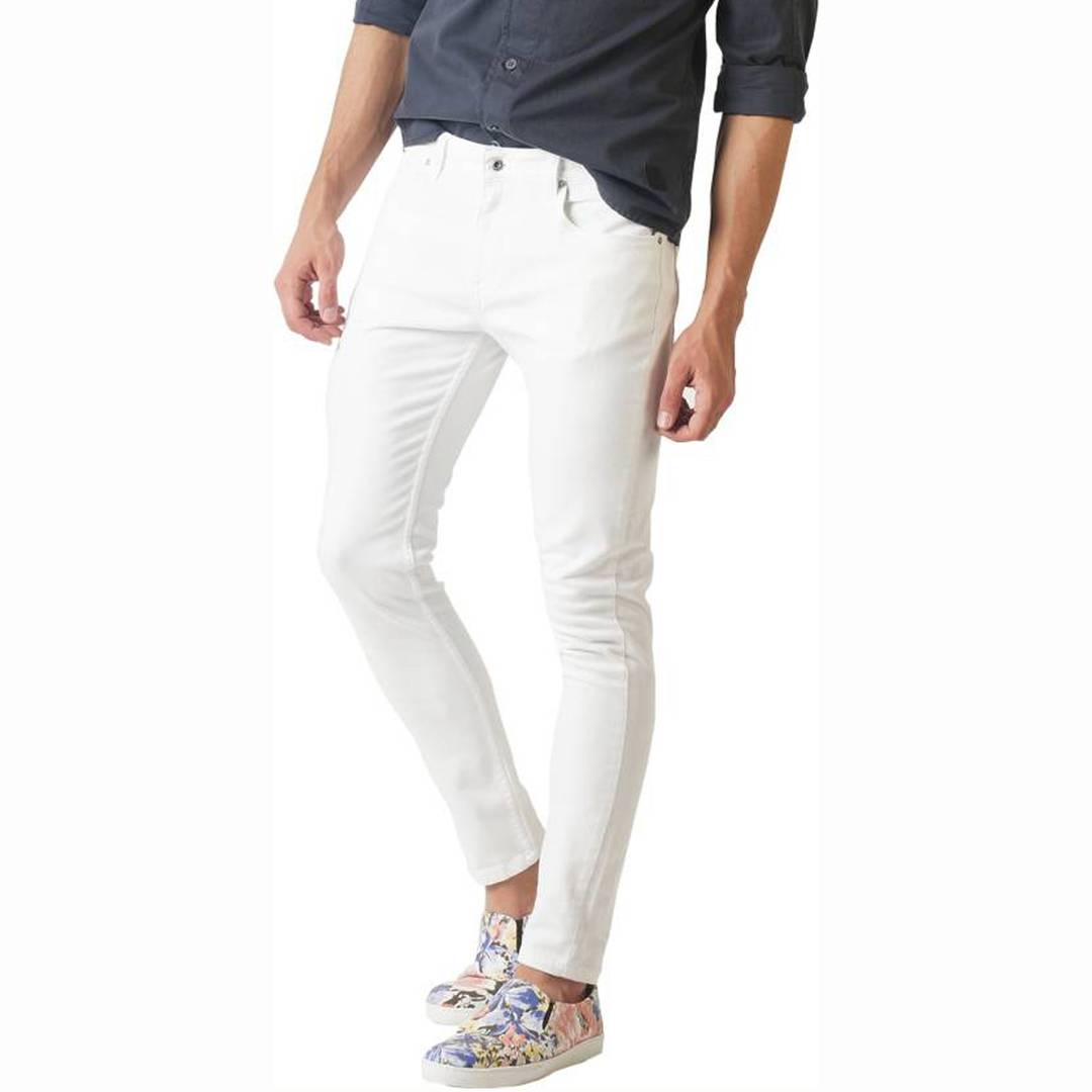 Men's White Cotton Blend Slim Fit Mid-Rise Jeans