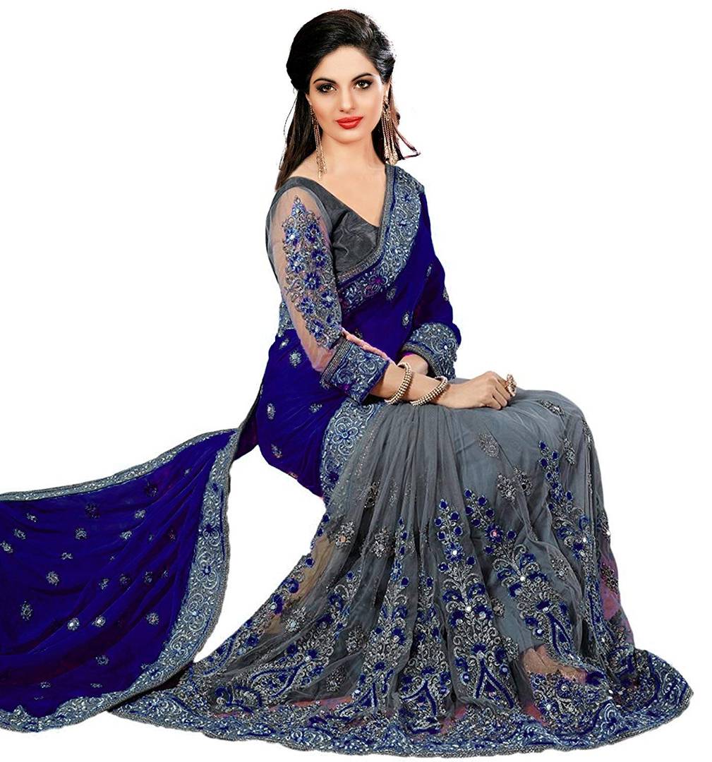 Trendy Navy Blue Georgette Embroidered Saree with Blouse piece