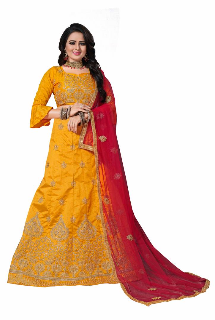 Yellow Embroidered Silk Blend Lehenga Choli With Dupatta