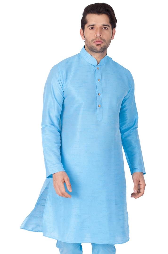 Men's Blue Cotton Silk Kurta
