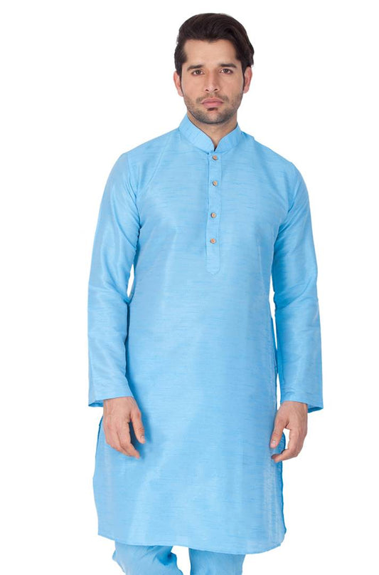 Men's Blue Cotton Silk Kurta