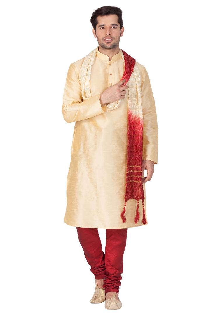 Men's Golden Cotton Silk Kurta, Pyjama and Dupatta Set