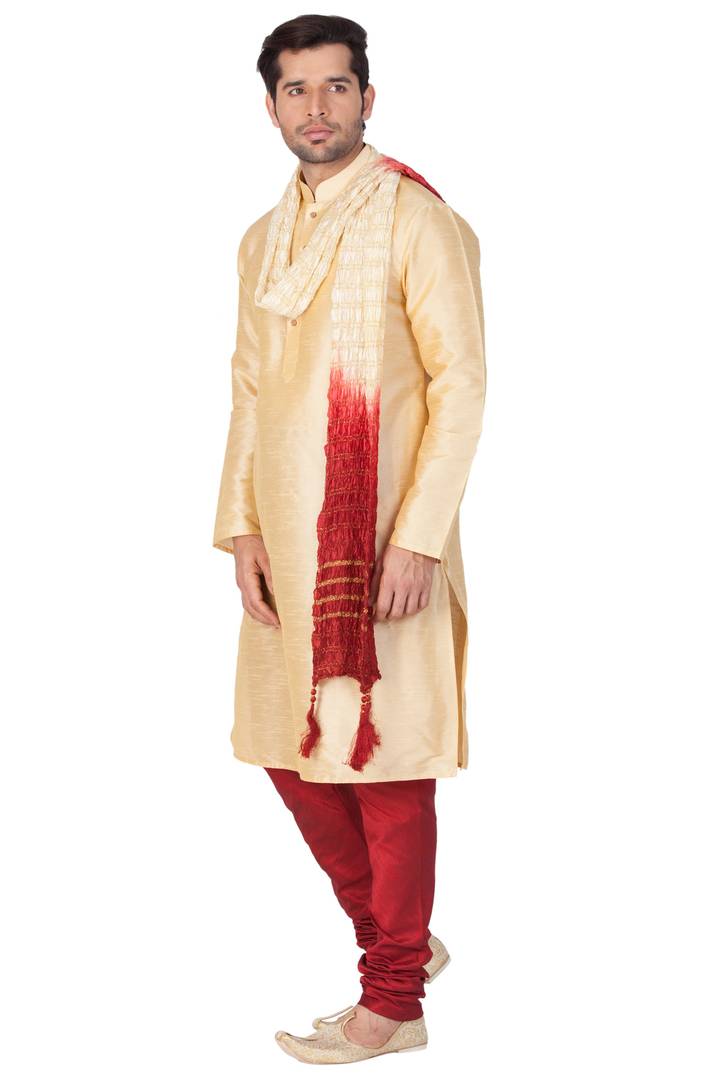 Men's Golden Cotton Silk Kurta, Pyjama and Dupatta Set