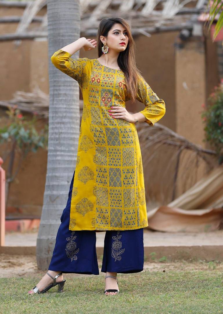 Women's Golden Rayon Stitched Printed Salwar Suit Set