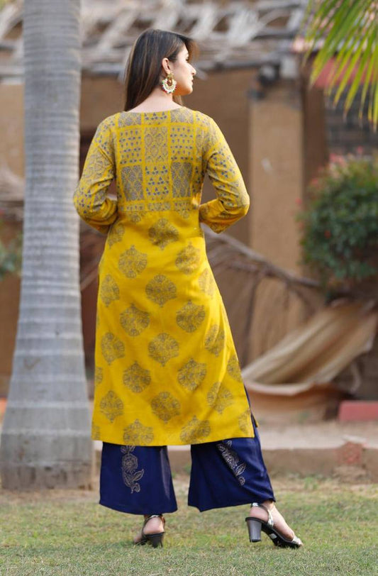 Women's Golden Rayon Stitched Printed Salwar Suit Set