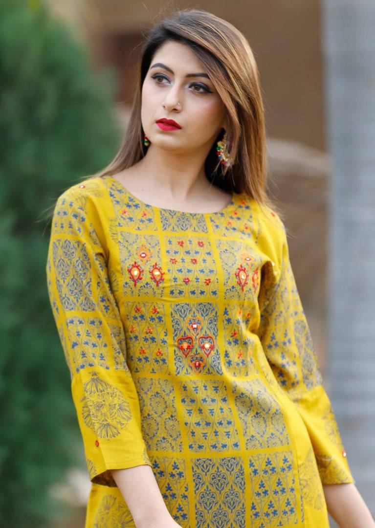 Women's Golden Rayon Stitched Printed Salwar Suit Set
