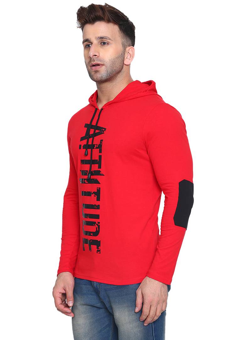 Men's Red Cotton Printed Hooded Tees