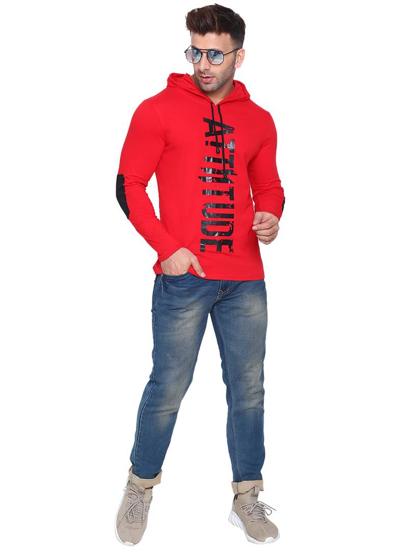 Men's Red Cotton Printed Hooded Tees