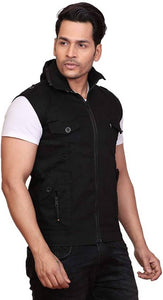 Men's Black Cotton Solid Sleeveless Open Front Jacket