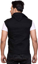 Load image into Gallery viewer, Men&#39;s Black Cotton Solid Sleeveless Open Front Jacket