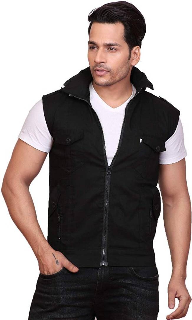 Men's Black Cotton Solid Sleeveless Open Front Jacket