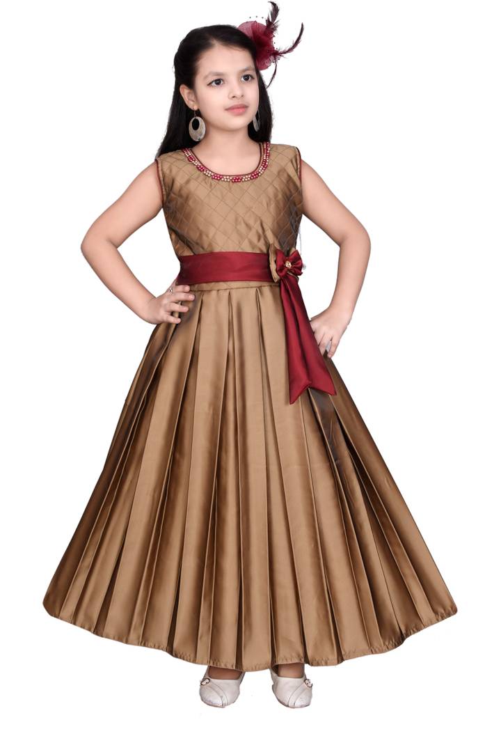Girls Solid Golden Silk Blend Frocks