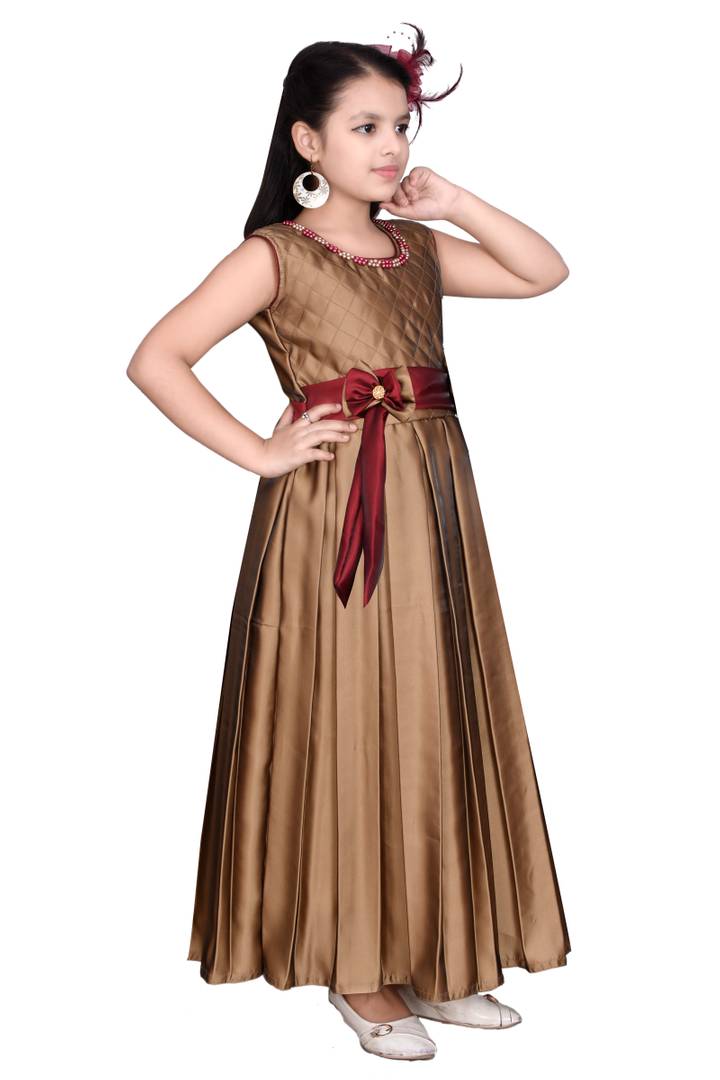 Girls Solid Golden Silk Blend Frocks