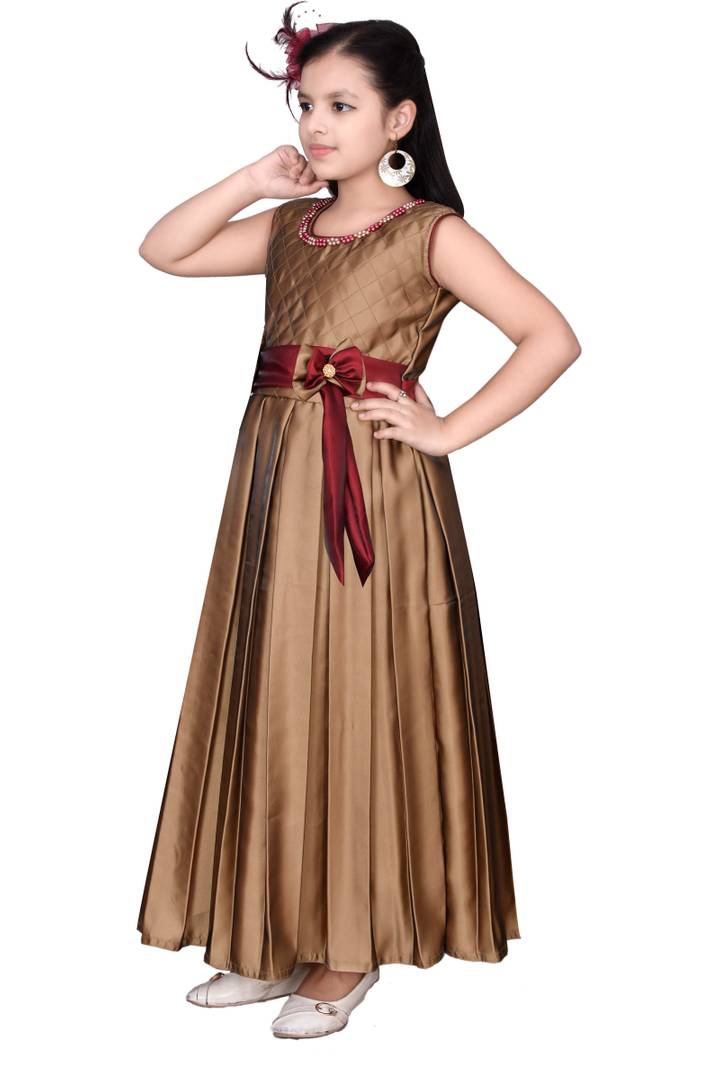 Girls Solid Golden Silk Blend Frocks