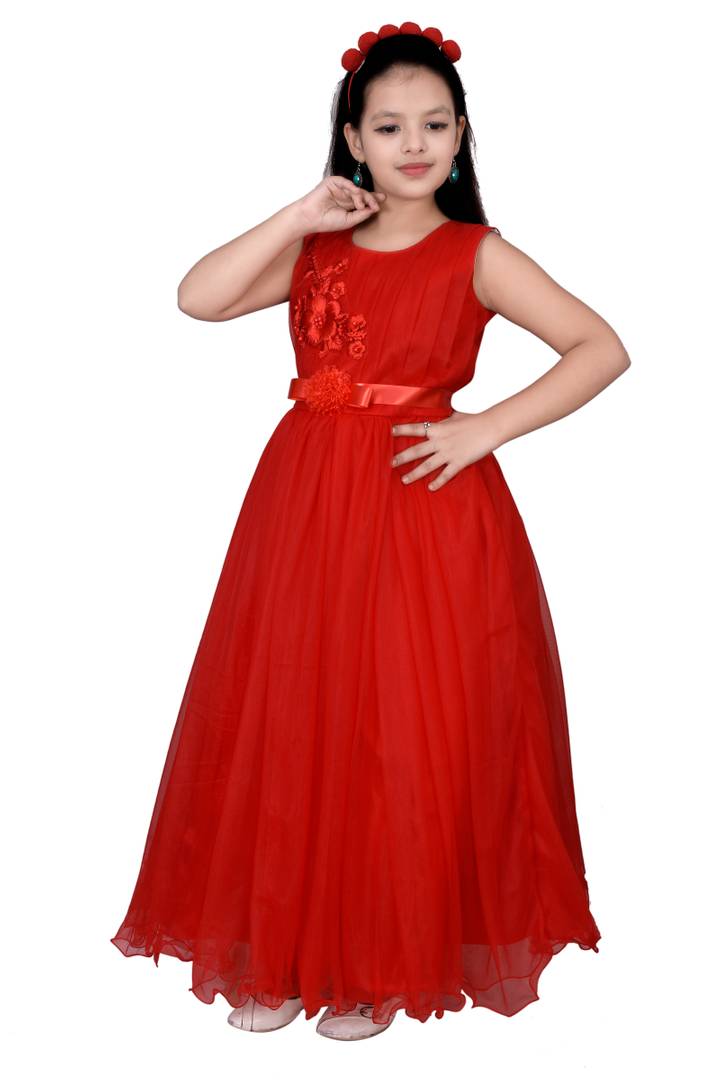 Girls Solid Red Net A-Line Dress