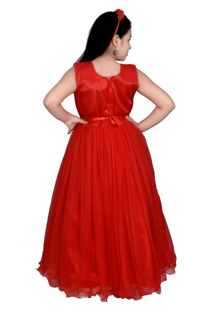Girls Solid Red Net A-Line Dress