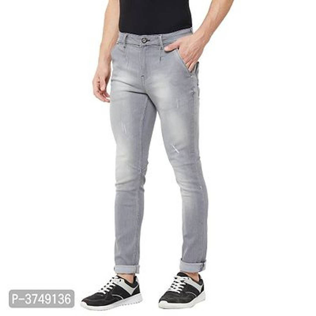 Men's Grey Denim Faded Slim Fit Mid-Rise Jeans