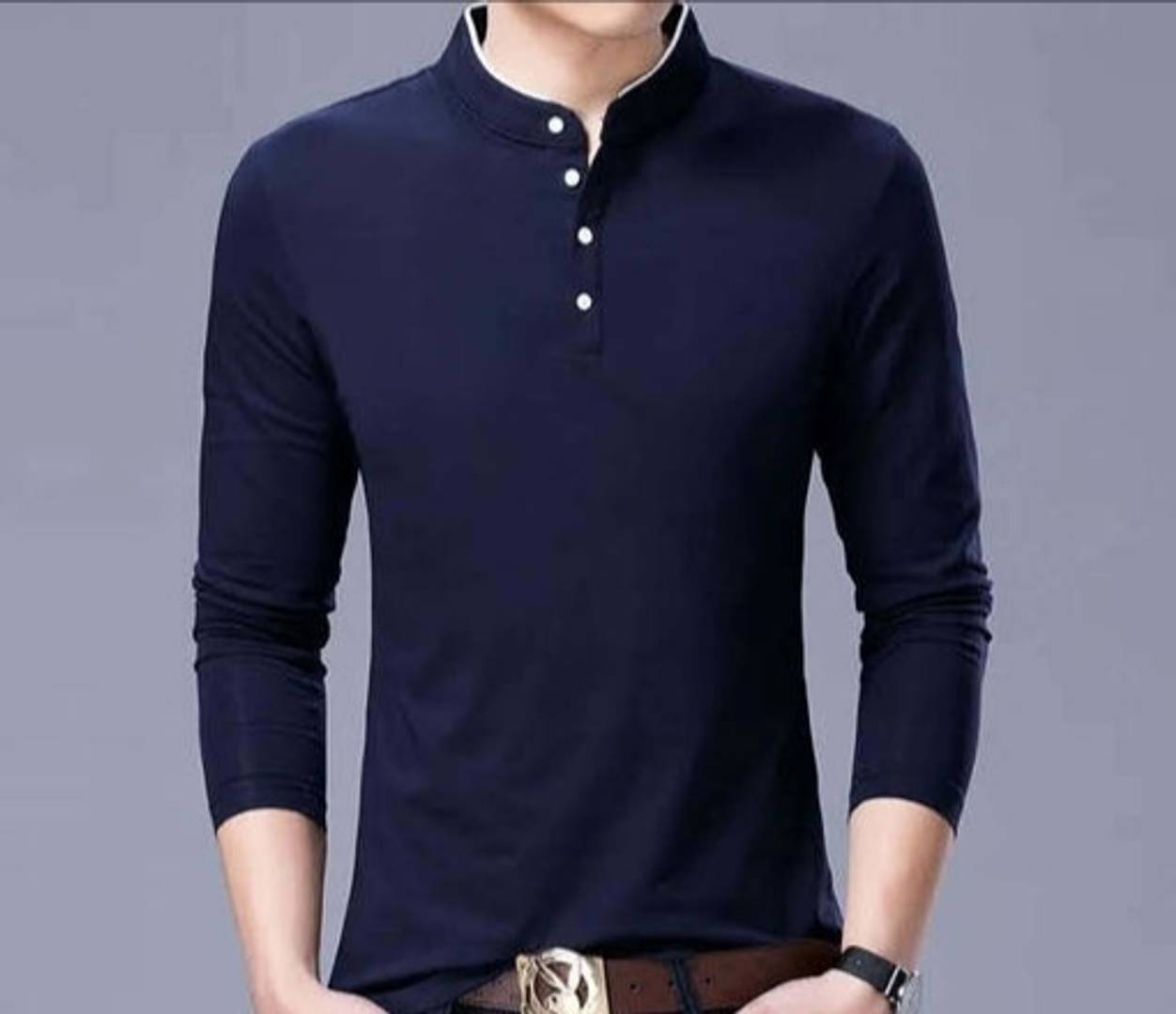 Men's Navy Blue Cotton Solid Mandarin Tees