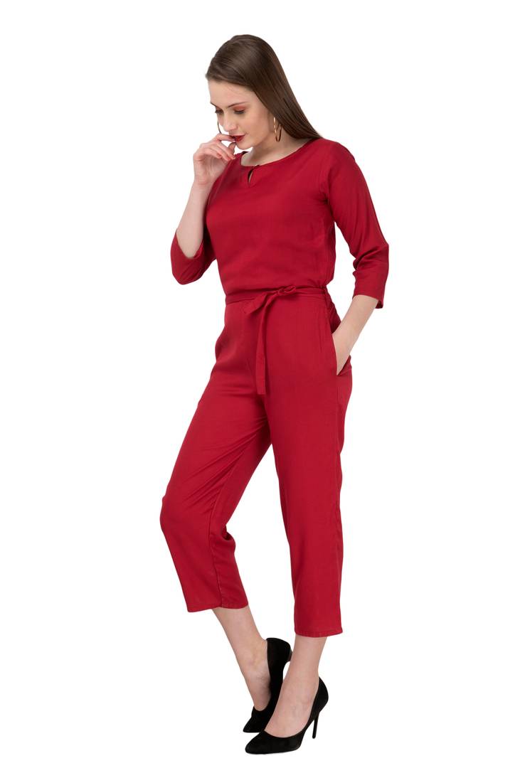 Women's Maroon Rayon Self Pattern Basic Jumpsuit