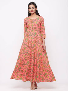 Adorable Peach Cotton Printed Anarkali Long Gown