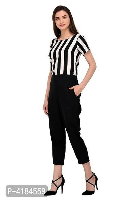 Stylish Black & White Crepe Striped Jumpsuit For Women