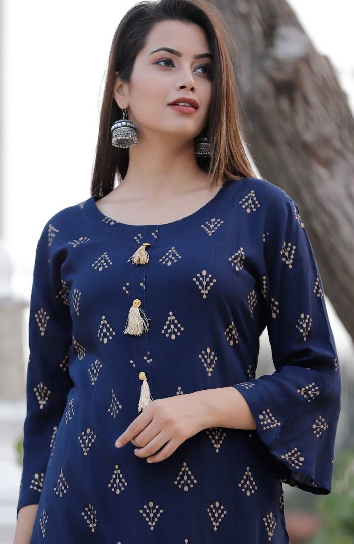 Stylish Gold Printed Rayon Kurta and Sharara set