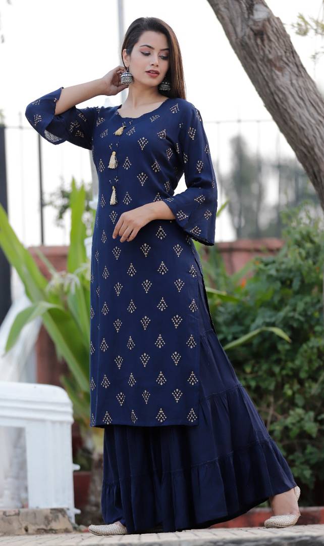 Stylish Gold Printed Rayon Kurta and Sharara set