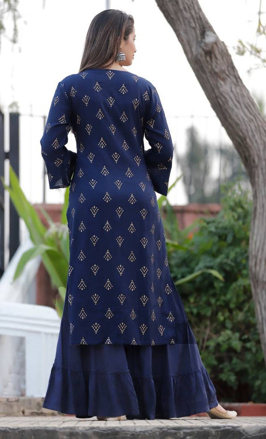 Stylish Gold Printed Rayon Kurta and Sharara set