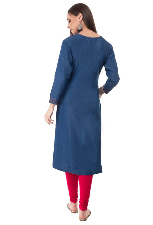 Stylish Embroidered Denim Straight Kurta