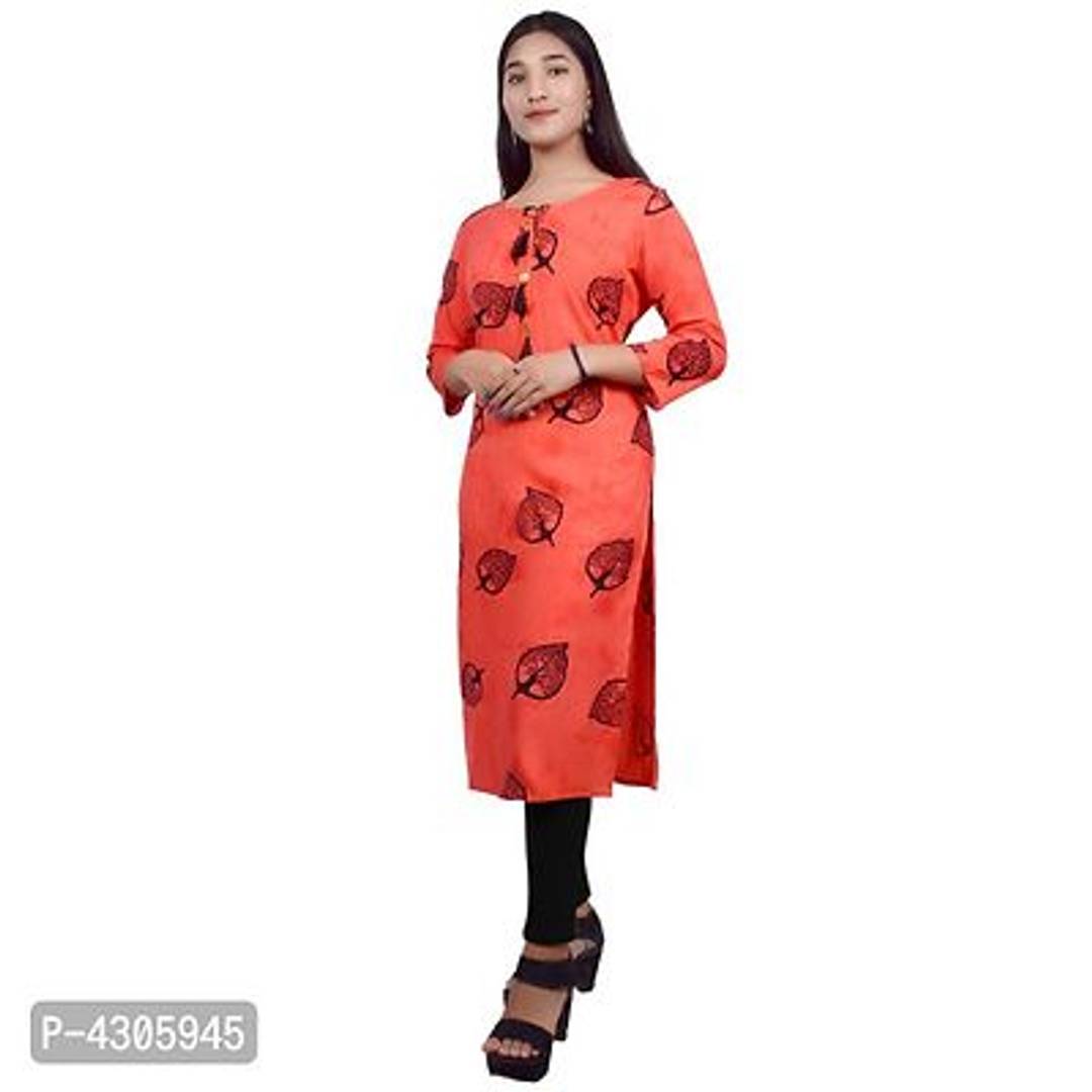 Women's Printed Straight Orange Rayon Kurti