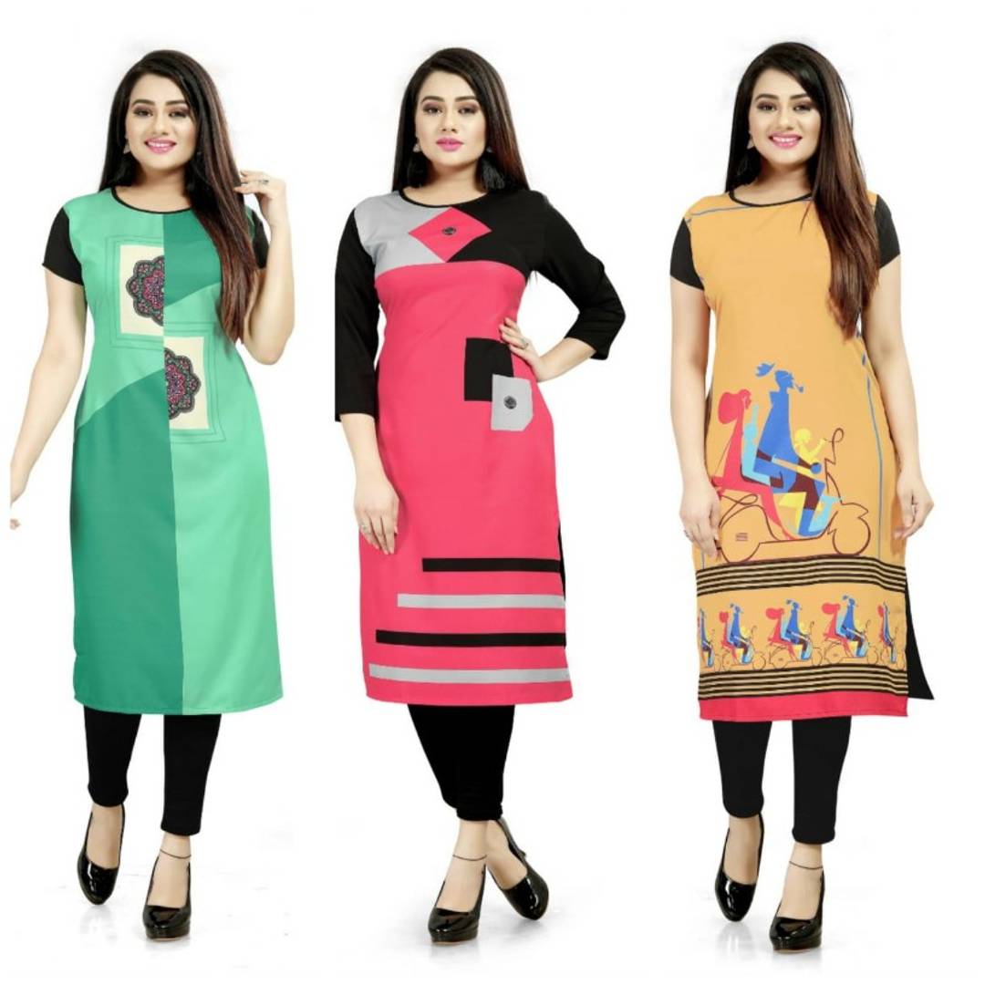 Stylist Printed American Crepe Kurtis (Pack Of 3)