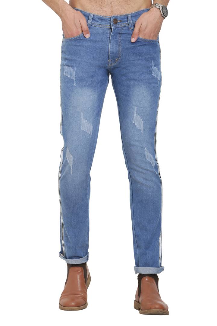Blue Polycotton Striped Regular Fit Mid-Rise Jeans