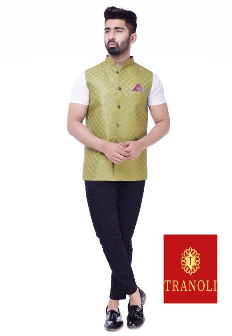 TRANOLI Fashionable Green Jute Checked Waistcoat For Men