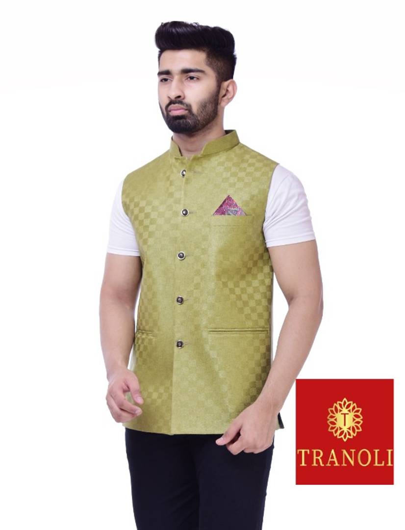 TRANOLI Fashionable Green Jute Checked Waistcoat For Men