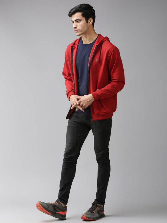 Stylish Polycotton Fleece Red Solid Hoodies Sweatshirt For Men