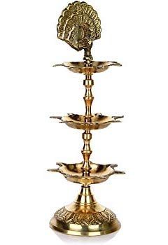 MOZO HUB Brass Golden 3 Tier Small 7 batti Pooja Diya 21 cm