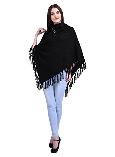 eWools Women's Woollen Self Eye Poncho (Black, XL)