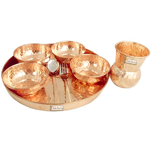 Prisha India Craft Traditional Dinner Set Dinnerware 100% Pure Copperware Thali Set Diameter 12" (1 Thali, 1 Spoons,1Fork, 1 Tumblers, 4 Serving Bowls)