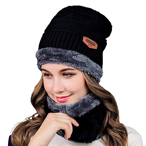 Fashcart black cap and scarf with grey border for men and women