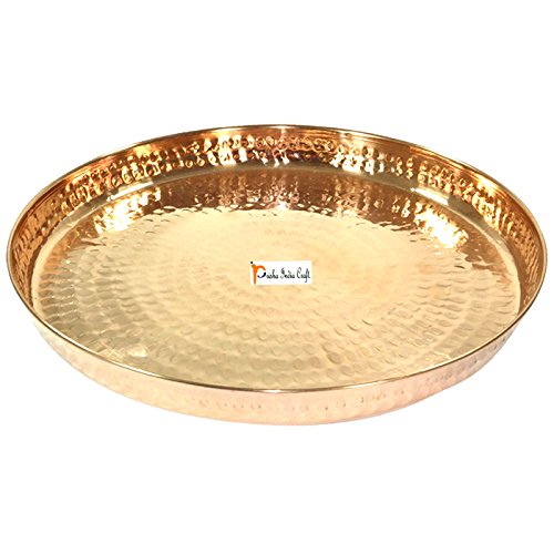 Prisha India Craft Traditional Dinner Set Dinnerware 100% Pure Copperware Thali Set Diameter 12" (1 Thali, 1 Spoons,1Fork, 1 Tumblers, 4 Serving Bowls)