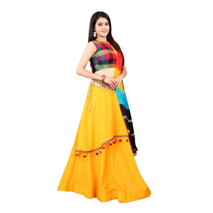 Designer Slub Rayon Checks Print Choli With Lehenga Set