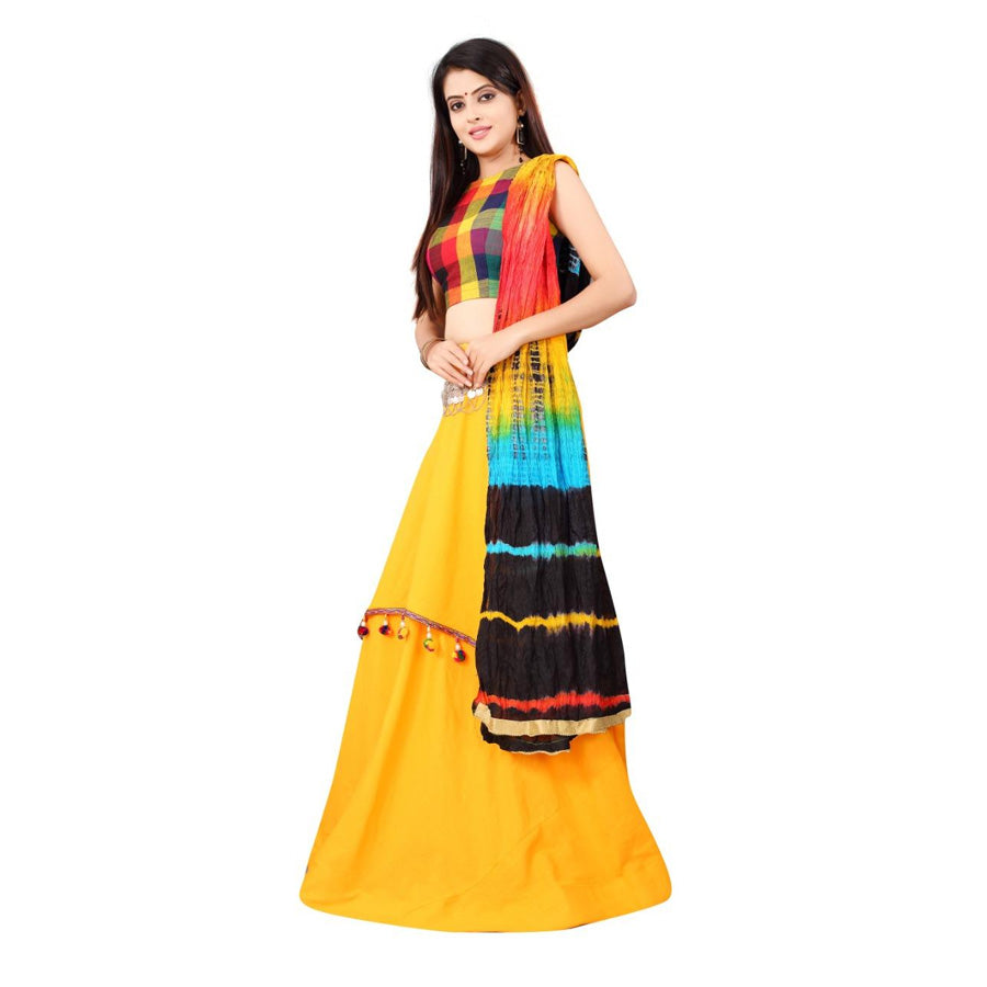 Designer Slub Rayon Checks Print Choli With Lehenga Set