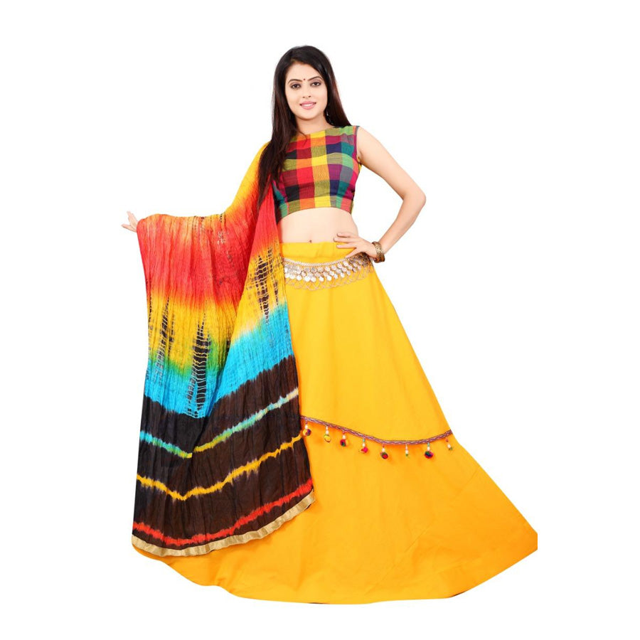 Designer Slub Rayon Checks Print Choli With Lehenga Set