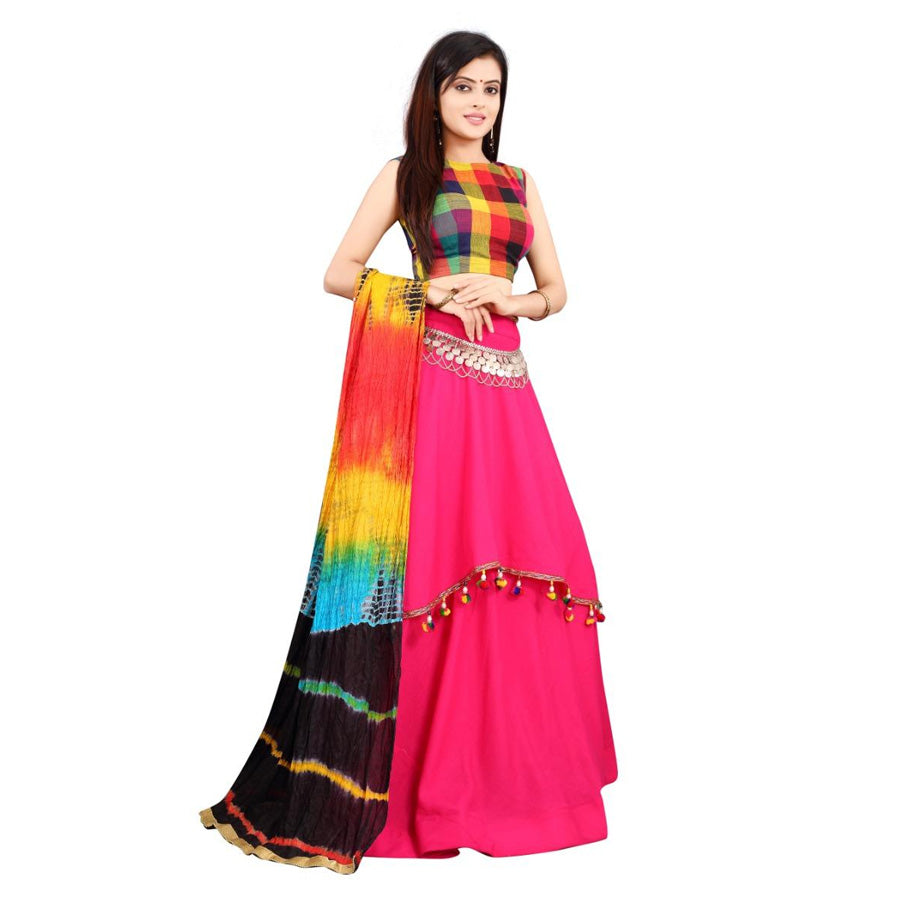 Designer Slub Rayon Checks Print Choli With Lehenga Set