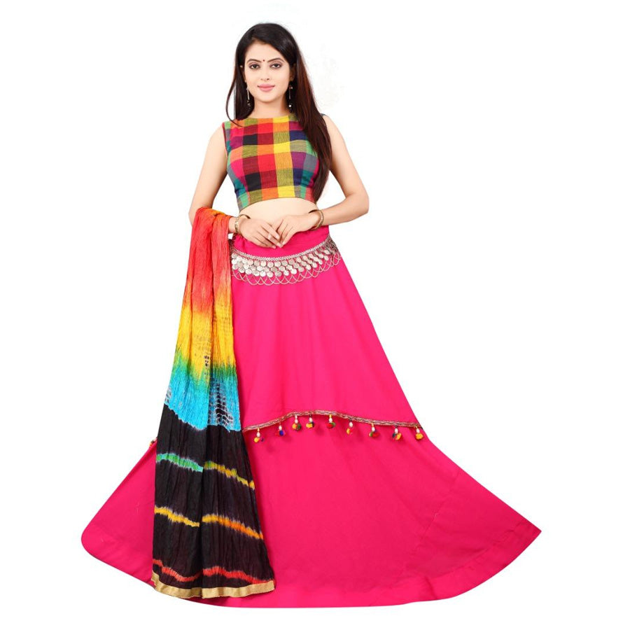 Designer Slub Rayon Checks Print Choli With Lehenga Set