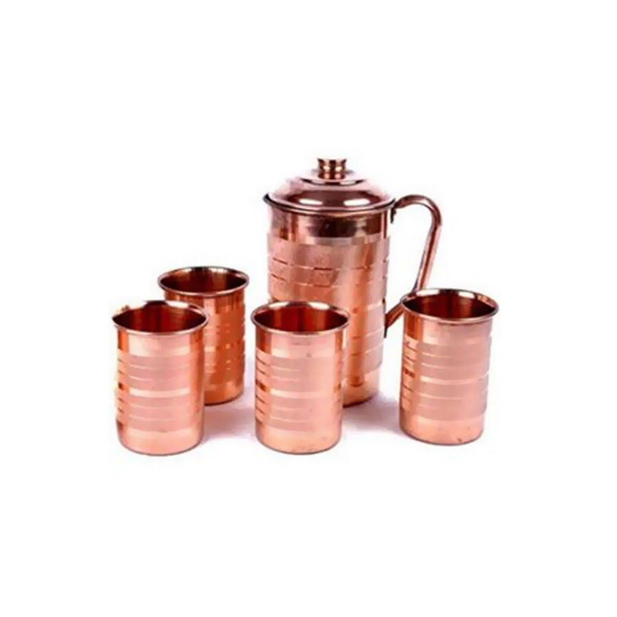 A set of copper-colored metalware consisting of a jug and four glasses with lids.