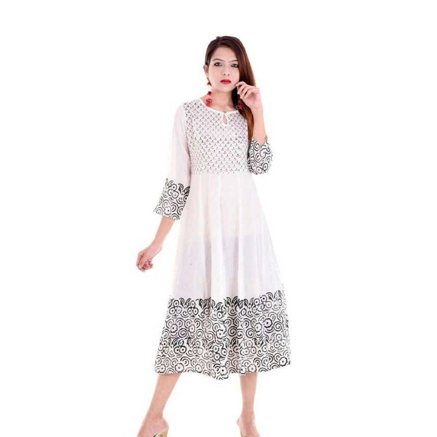 White Printed Rayon Anarkali Kurta