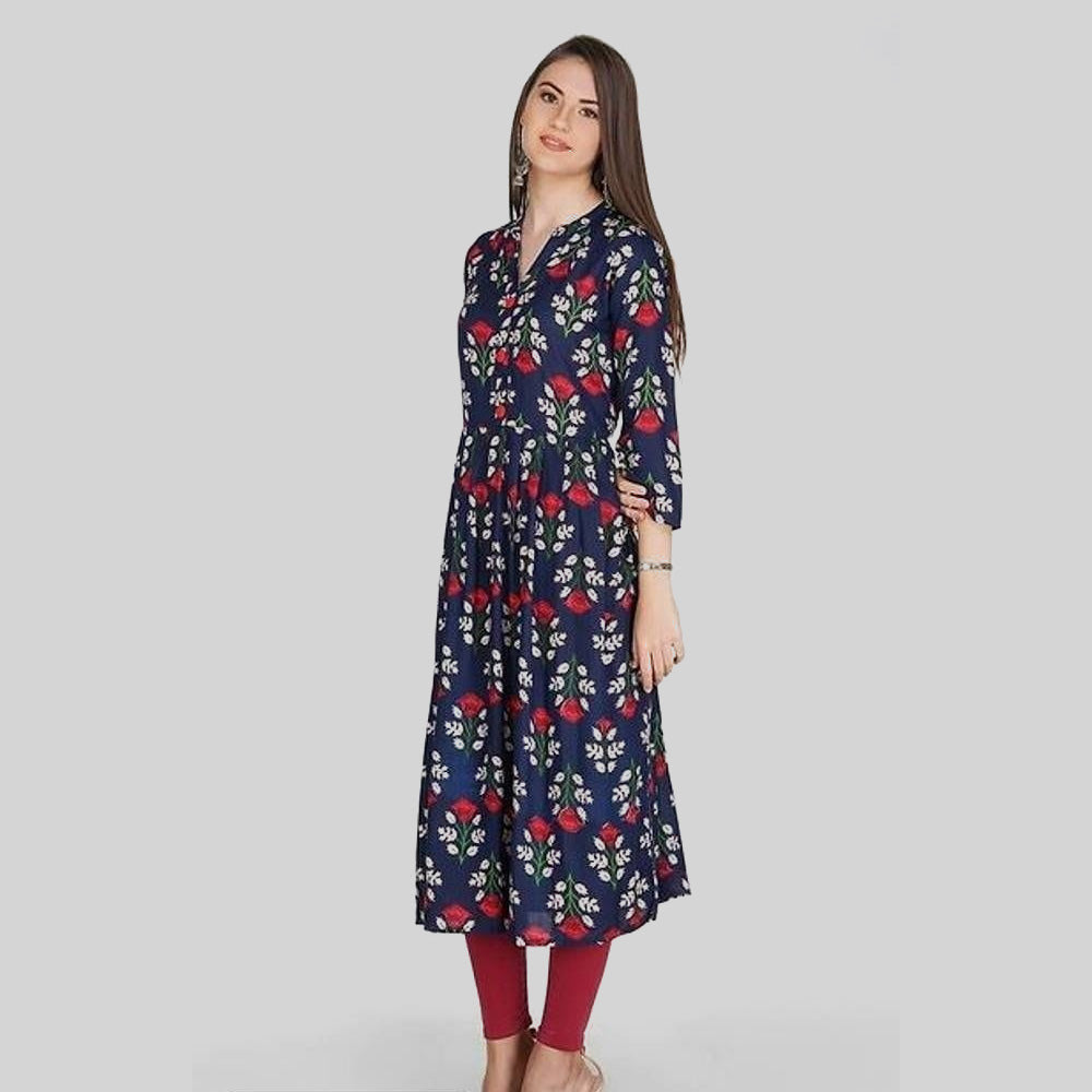 Blue Rayon Printed A Line Style Kurti